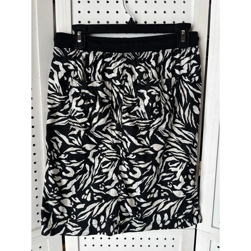 M&S Collection Women's‎ Size 4 Pull On Black Beige Print Knee Skirt Linen Blend